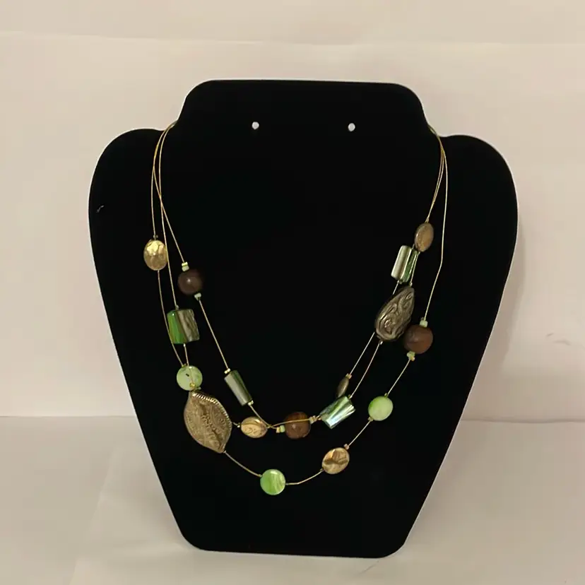 #508 Green, Brown, Gold Necklace - Ceramic, Wood, Plastic. Very Lightweight