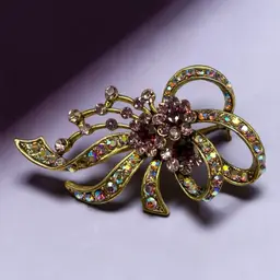 Purple Rhinestone & AB Crystal Floral Spray Brooch Bow Ribbon Pin Gold Tone