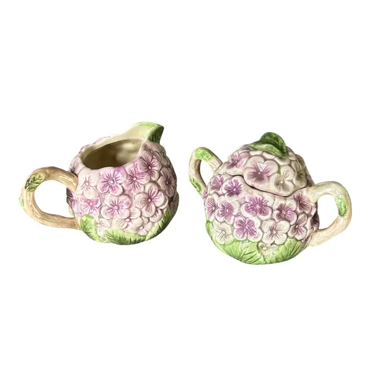 Vintage Purple Hydrangea Floral Ceramic Cream Sugar Set