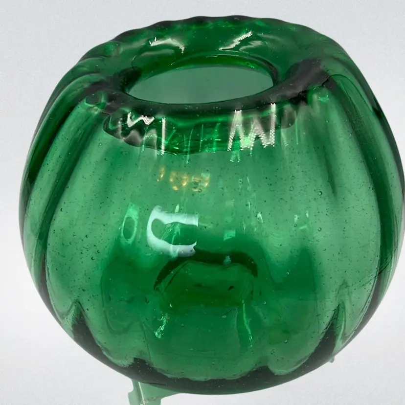 Emerald Green Blown Glass Melon Vase 5” x 5.5”