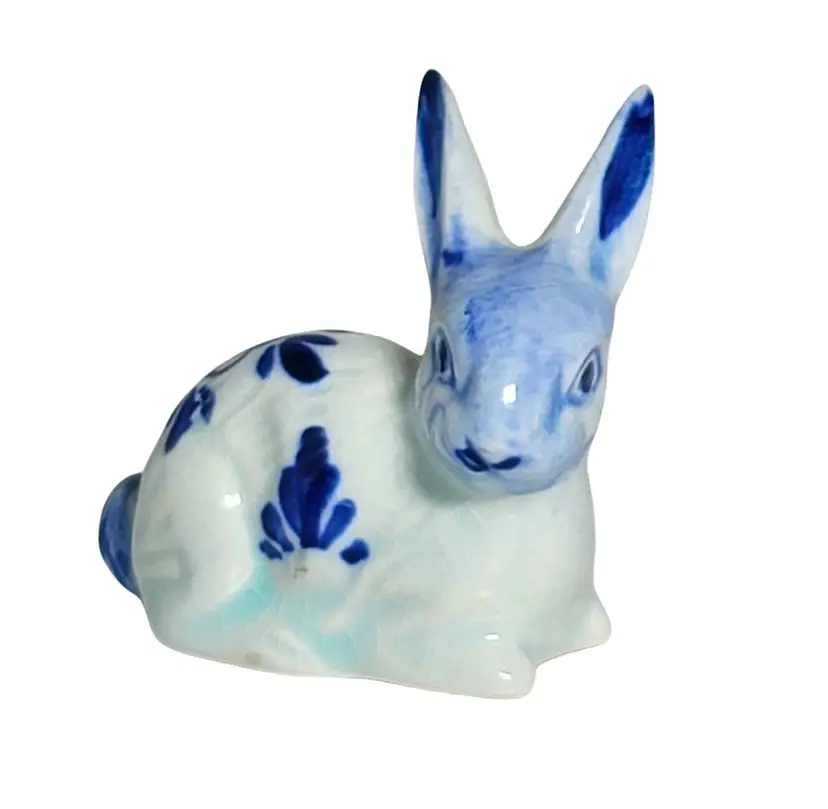 Vtg Porcelain Delft Cobalt Blue White Rabbit Bunny Figurine Ceramic Bunny Easter