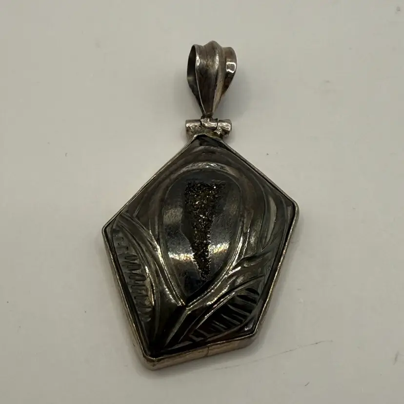 Carved Black Druzy Quartz Sterling Silver Pendant 2”