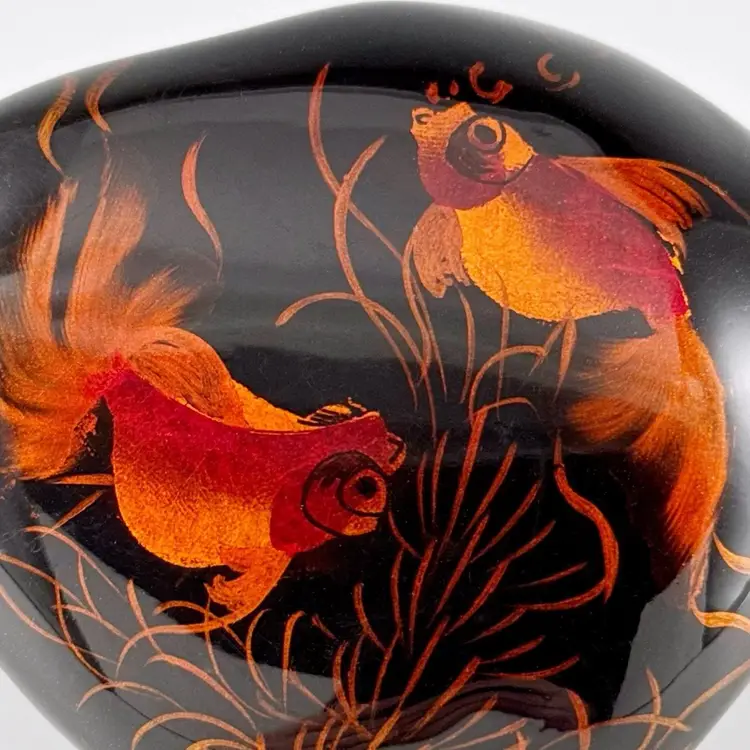 Ten Thousand Villages Black Lacquered Orange Foil Goldfish Stone Paperweight Vietnam