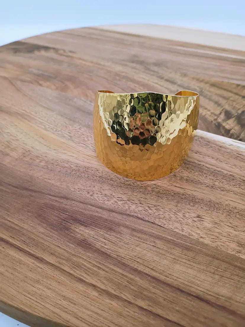 Chunky Hammered Gold Tone Cuff Fashion Bracelet Fits 5-7.5" Wrist.