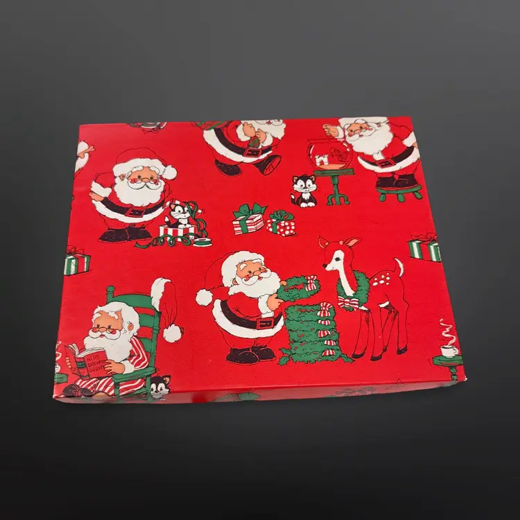 Vintage Santa Christmas Box W/ 4 Vintage Xmas Cards & 2 Sheets Of Xmas Bear Stickers