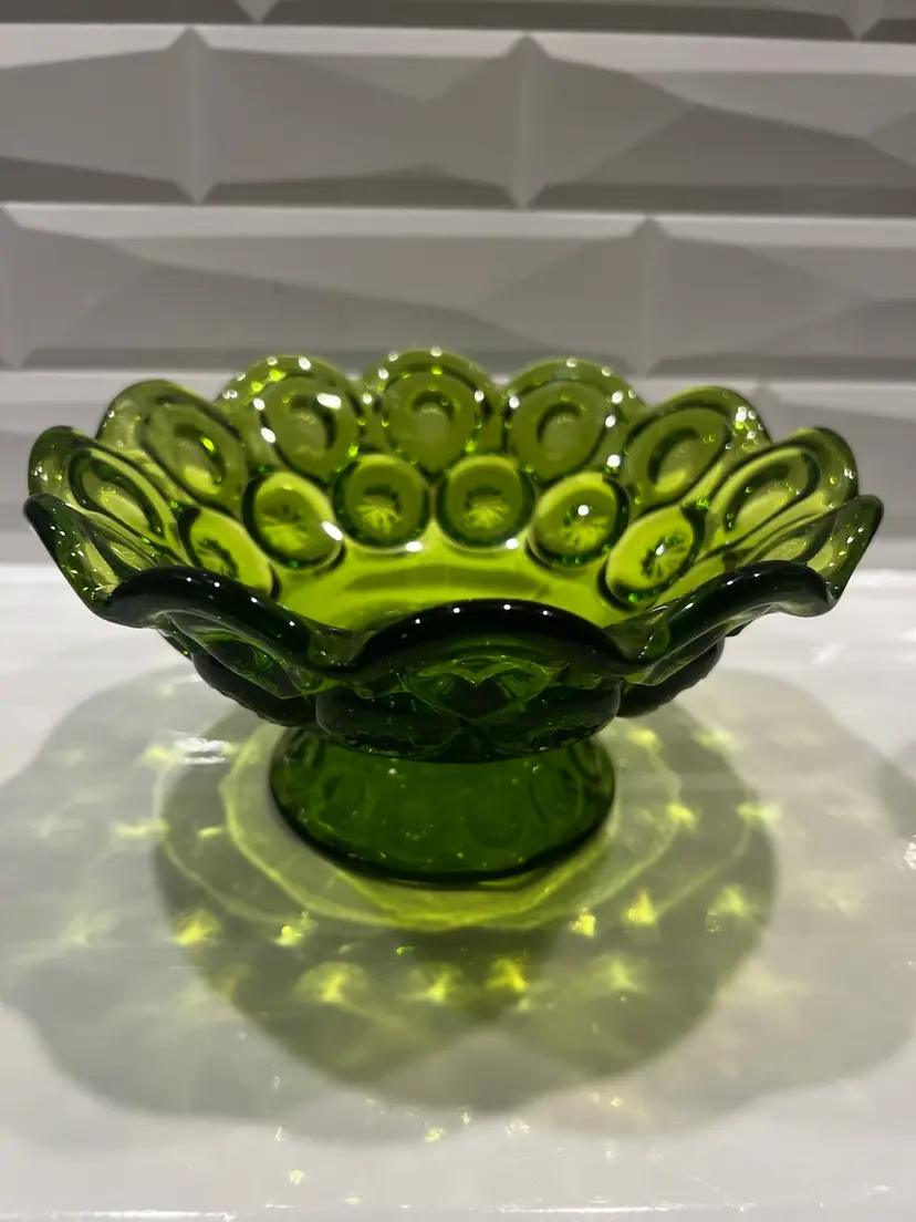 LE Smith Green Glass Moons and Stars Scalloped Edge Pedestal Dish