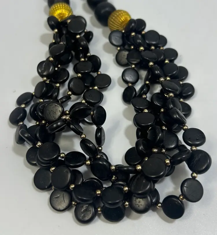 Vintage Black Wood Bead 6 Strand Statement Necklace 27"