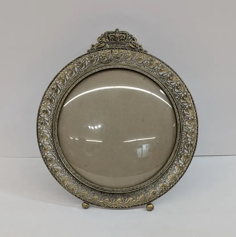 Antique Ornate Brass Filigree Picture Frame Crown Top Floral Convex Glass 8"