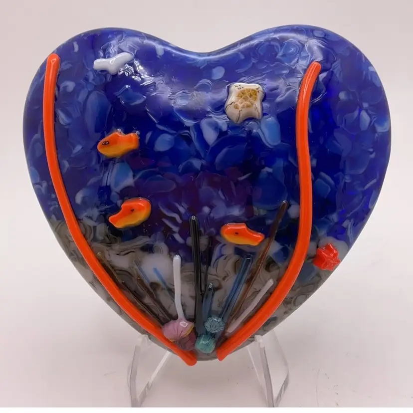 #05 Made by Me! Fused Glass 3.5" Heart Paperweight 3D Turtle Ocean Theme Handcrafted Studio Art
