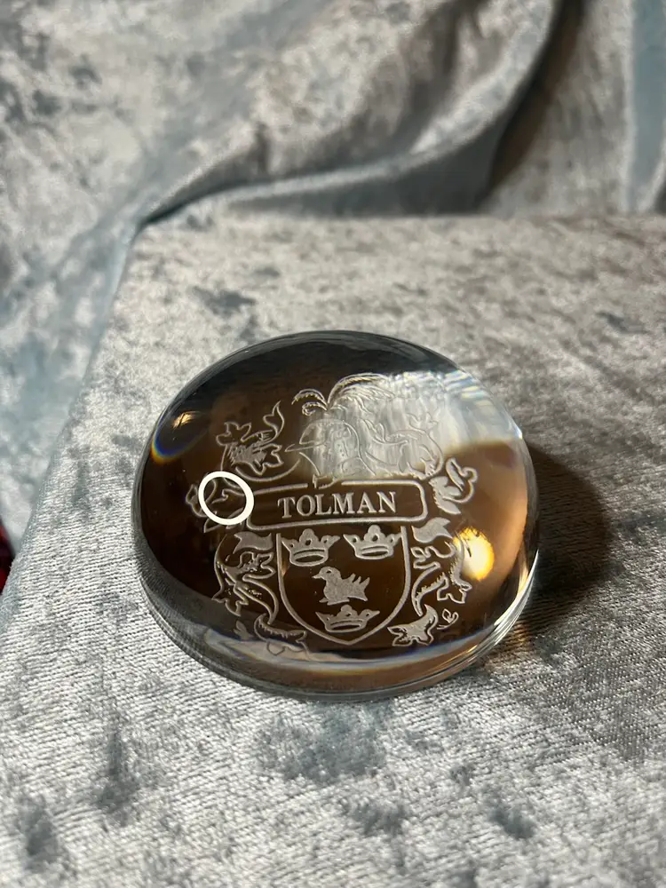 Tolman Coat Of Arms Etched Glass Paperweight. Has Tiny Chip See Last Picture.
