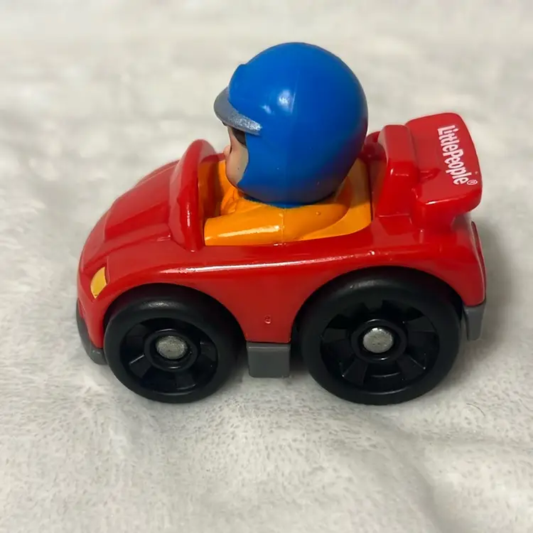 Fisher Price Little People WHEELIES BOY Blue Helmet RED RACE CAR VEHICLE