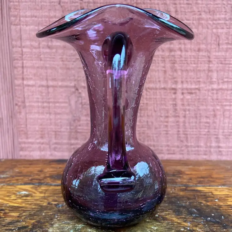 5.25” Tall Amethyst Crackle Glass Vase / Pitcher With Handle. Glows Green Under UV Light.
