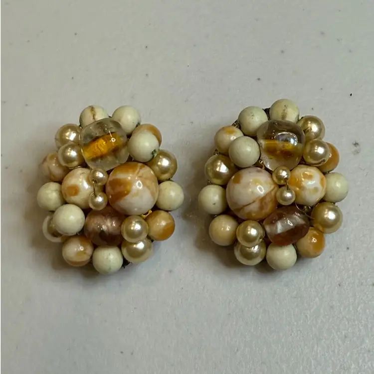 Vintage Speckled Gold & Amber Faux Pearl & Glass Bead Cluster Clip Back Earrings Japan