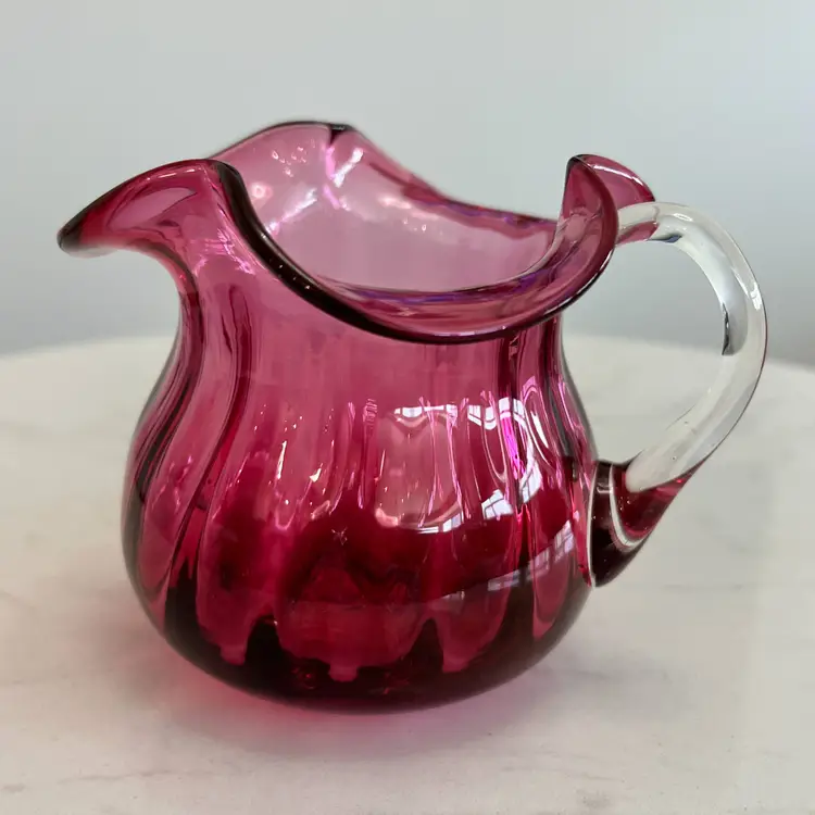 Vintage Pilgrim Glass Cranberry Creamer and Sugar Set Optic Ribbed Ruffle Hand Blown
