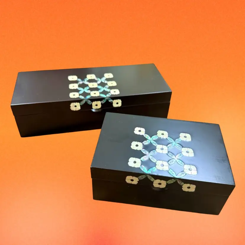 PAIR of Asian Keepsake Boxes, Abalone Mother of Pearl Inlay | 2 pc with Box
