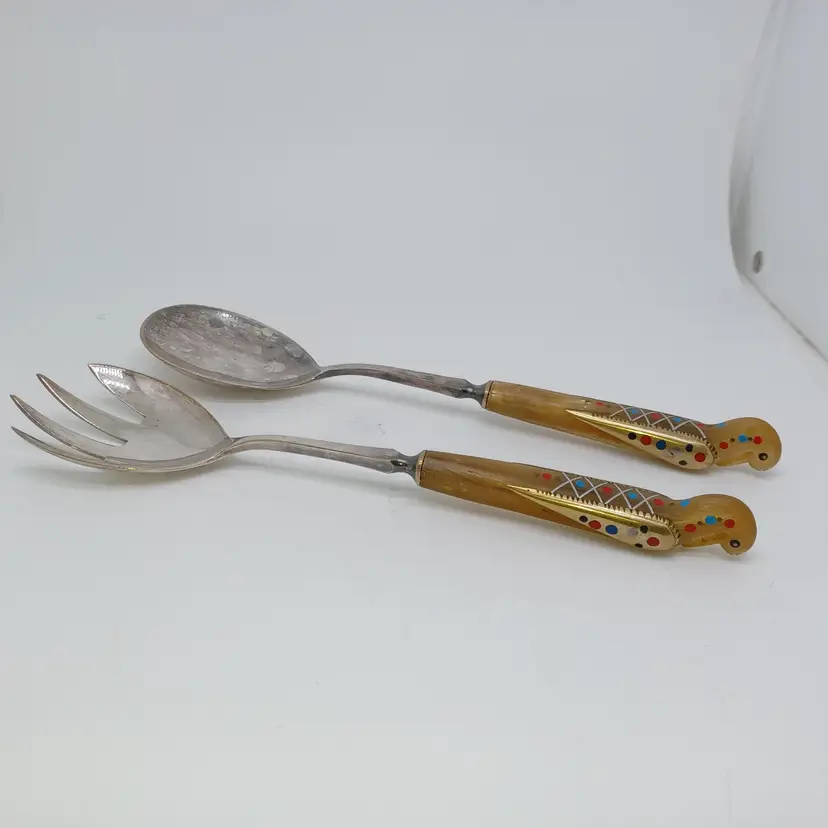 Carved Cream Horn Phoenix Bird Inlay Silver Plate Serving Fork & Spoon Lebanon Vintage