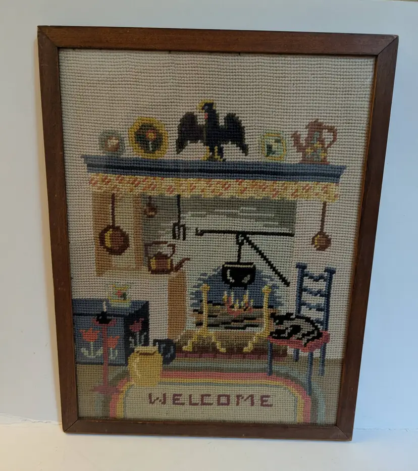 Vintage "Welcome" Needlepoint Early Americana Framed Hand made