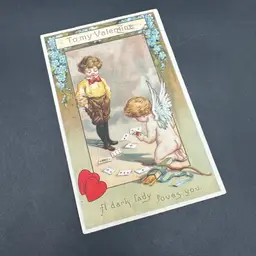 “To My Valentine” Sweet Boy With Cupid Antique Valentine Postcard Postmarked 1909