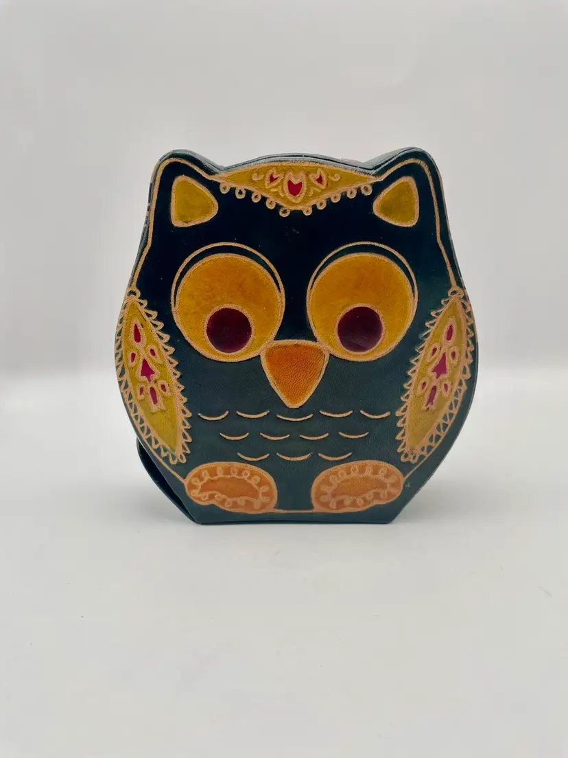 Vintage, Embossed Leather, OWL Coin Bank, Snap Closure, Dark Green/Gold/Pumpkin