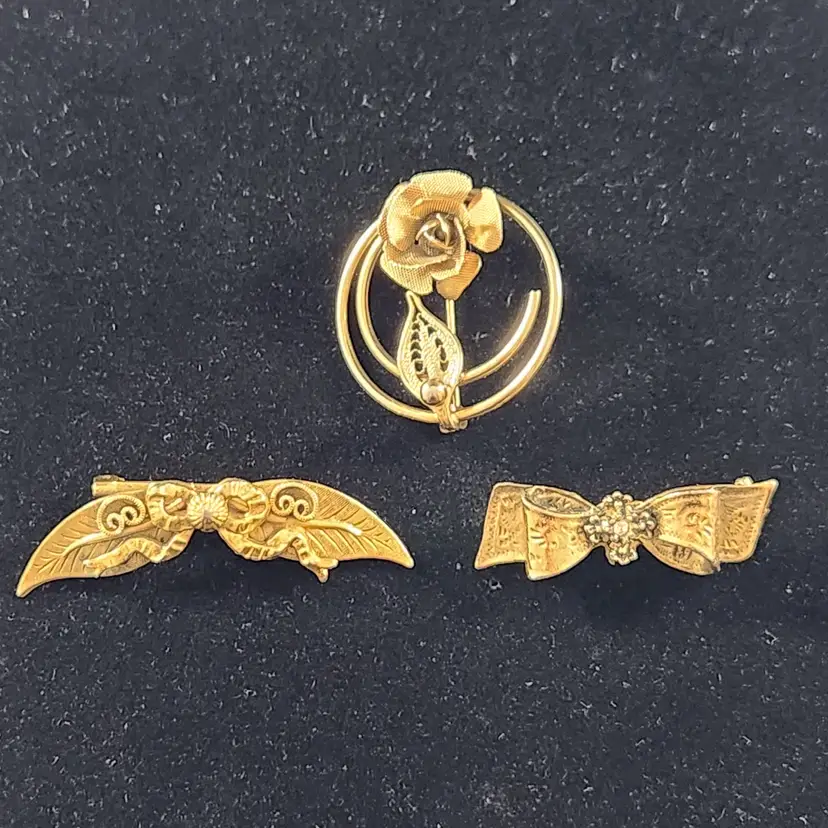 Set of 3 Bronze Tone Pin Brooch w Mesh Rose Flower & Leaf Ribbon Bow Vintage Costume Jewelry Coventry + Gift Box