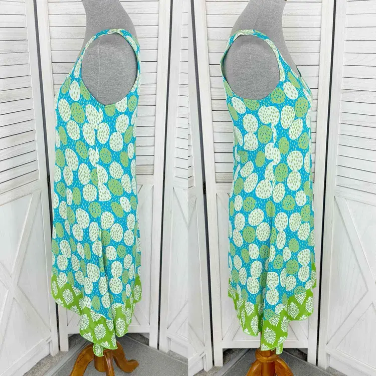 Loco Lindo Vintage Multi Print Scarf Hem Slip Dress Teal White Green Small