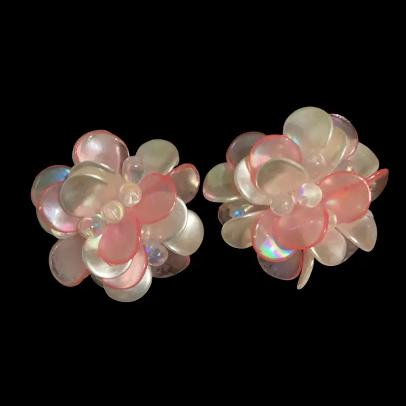Pretty Lucite Flower Large Clip On Earrings. Pink & Cream Pearly Color Petals. Clear Beaded Center. Not Signed.
