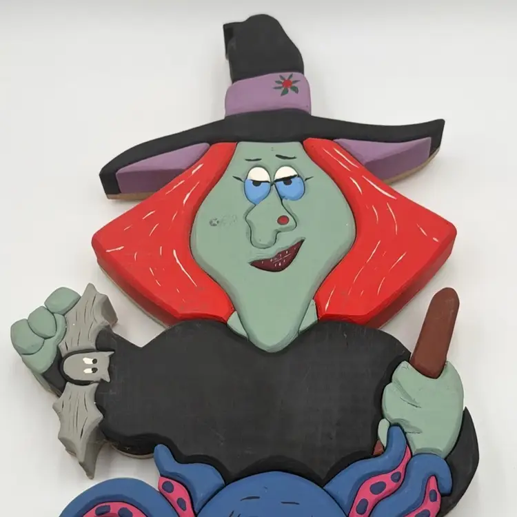 Hand-Painted Carved Wood Witch with Octopus in a Cauldron