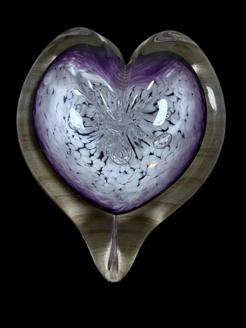 Jennifer Pagliarini Purple/White Bubble Heart Art Glass Paperweight