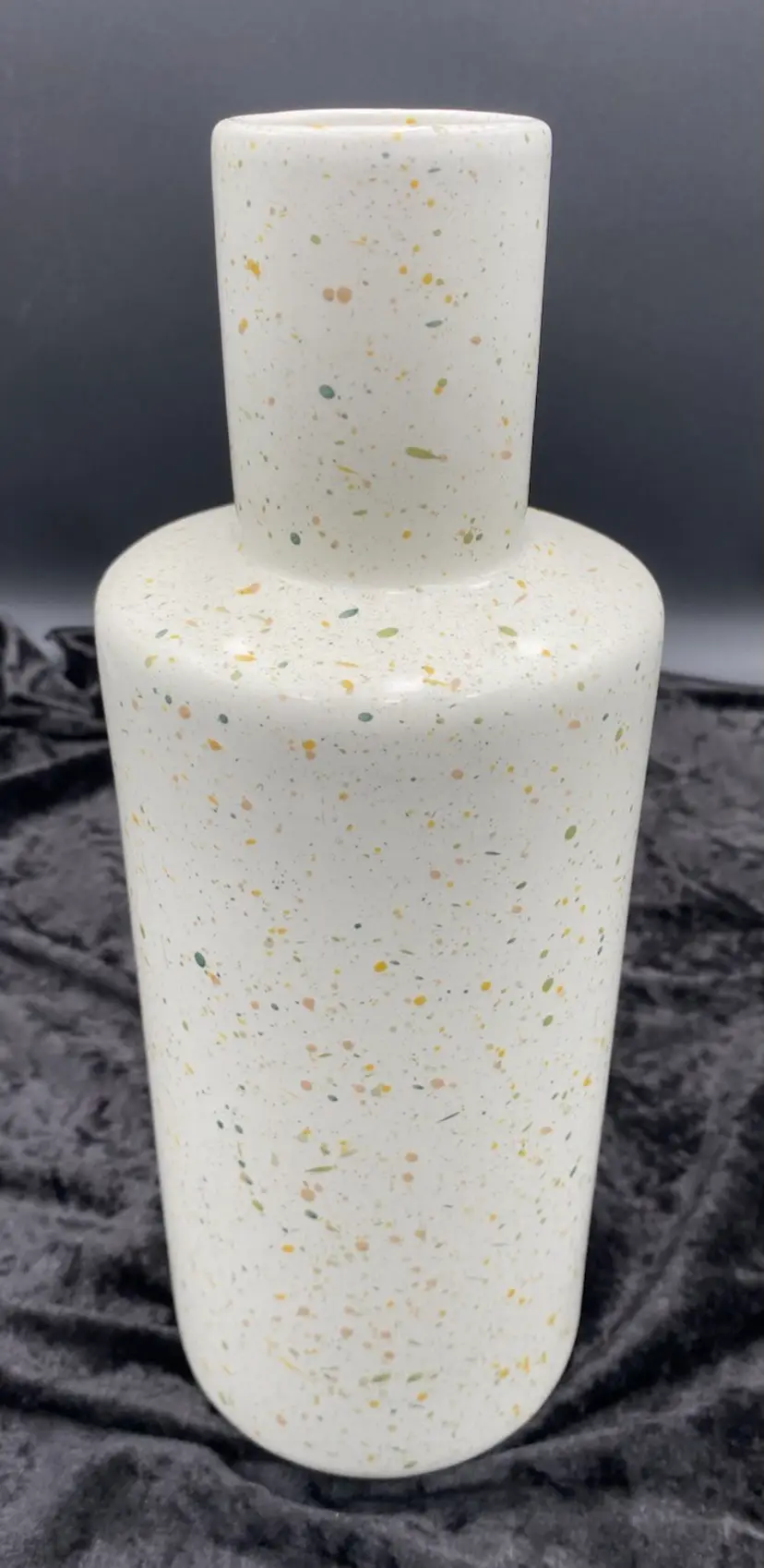 Green and Gold over Off-White Speckled/Splatter Ceramic Vase, 12.25" Tall