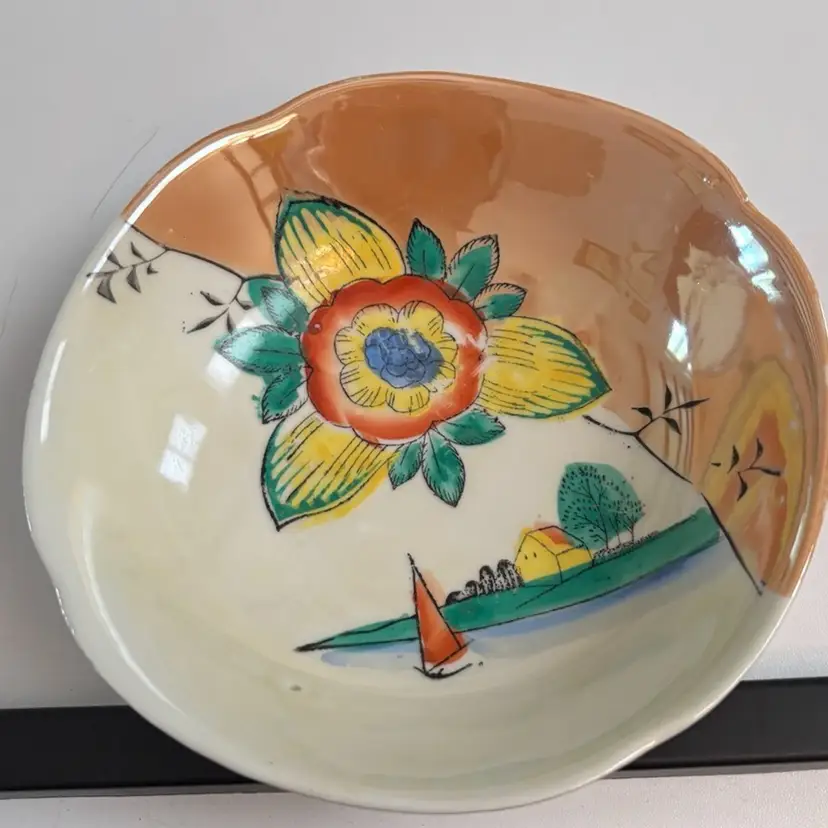 Lusterware Bowl with Hibiscus Flower, Sailboat And House, Vintage