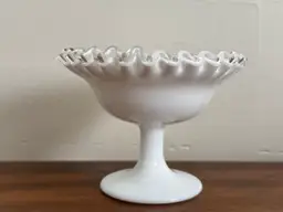 Vintage Fenton Milk Glass Silver Crest Pedestal Compote Or Candy Dish