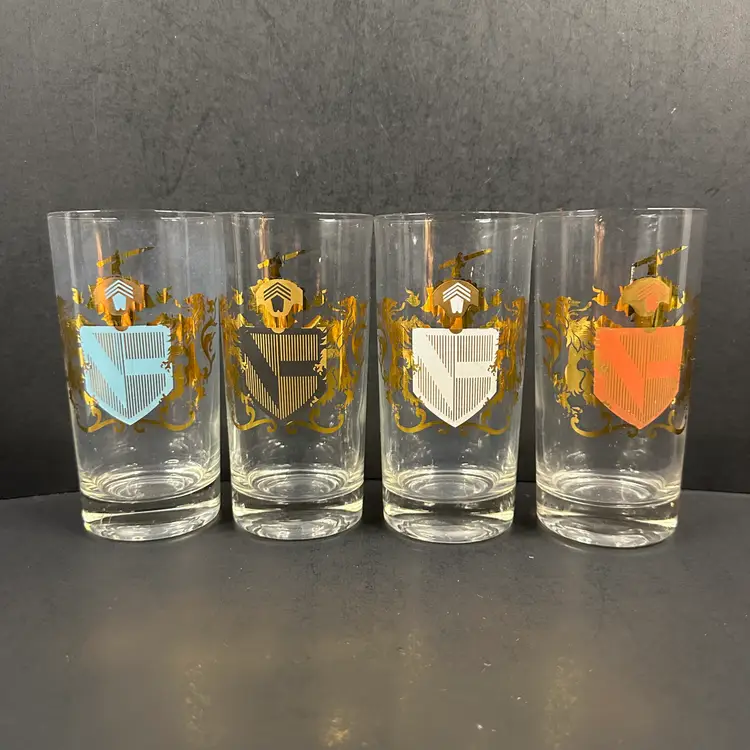 Set of 4 Vintage Federal Glass Camelot, Coat Of Arms, Collins Bar Glasses
