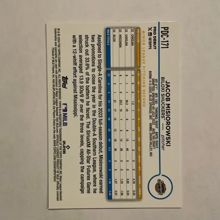 Jacob Misiorowski Topps Pro Debut Chrome Refractor #PDC-171 Milwaukee Brewers