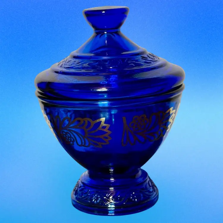 Vintage Cobalt Blue Candy Or Candle Compote With Lid & Gold Floral Accents