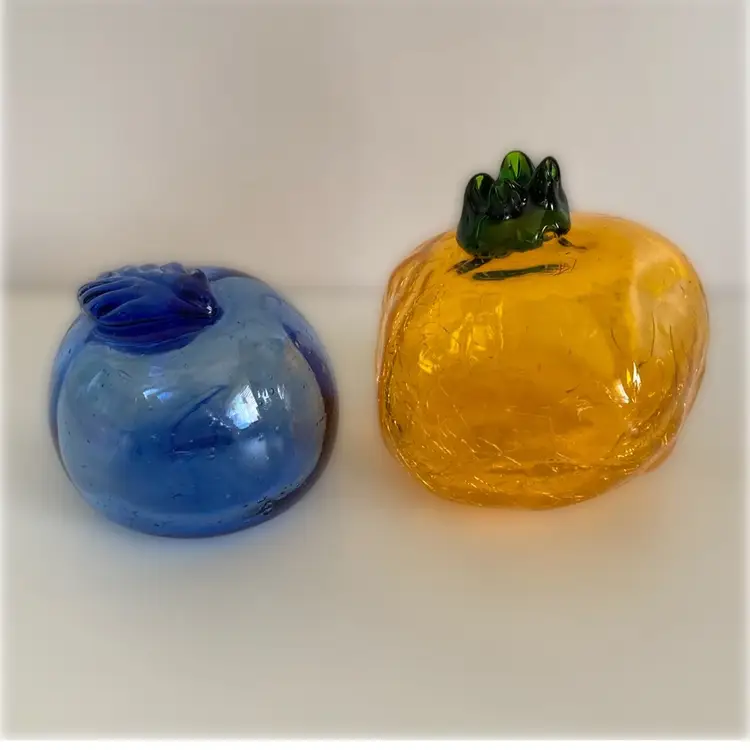 Set Of 2 Handblown Glass Fruit Paperweights Or Window Decor