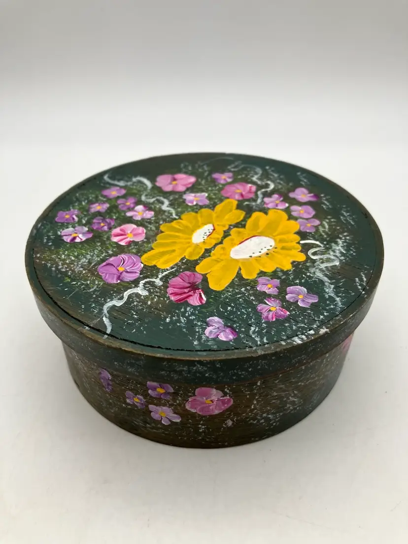 BIN - Hand Painted Wooden Storage Trinket Box Folk Art 5.375”