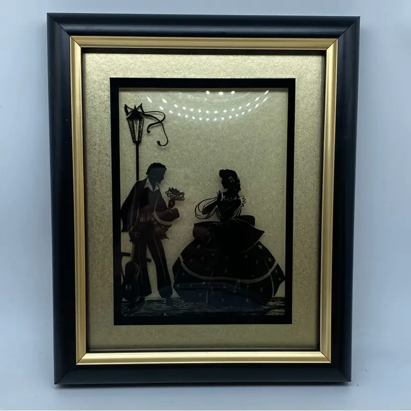 #2409 Reverse Painted Silhouette Framed Artwork Gold Background Professionally Framed.