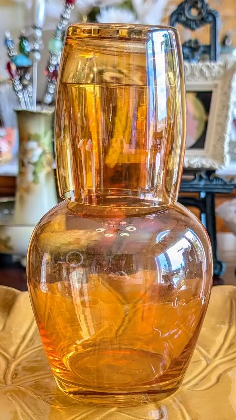 Marigold Lustreware Iridescent Flashed Glass Tumble Up / Bedside Carafe / Decanter & Cup Beverage Set