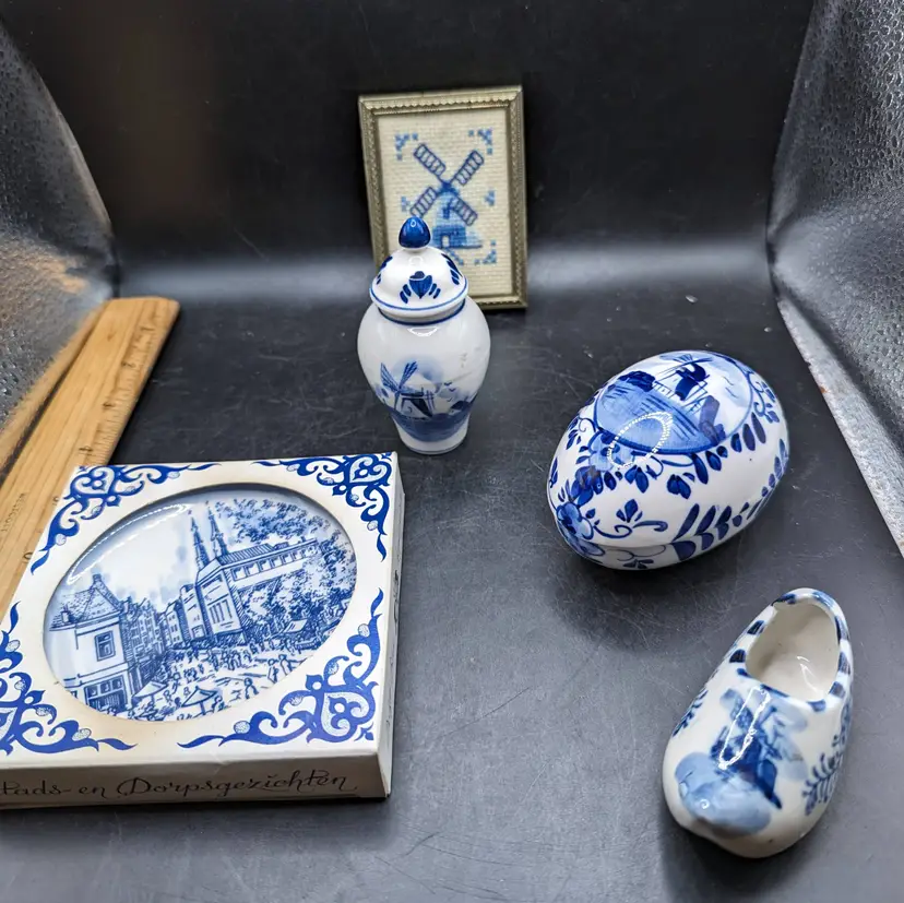 Vintage Lot of 5 Delft Blue and White  Collectibles Trinket Egg, Plate, Ginger Jar, Shoe and Crosstitch.