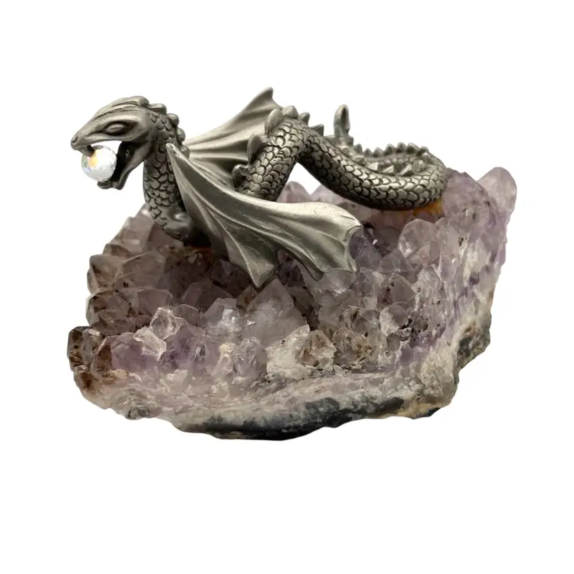 BIN - Pewter Dragon On Amethyst With Crystal Ball