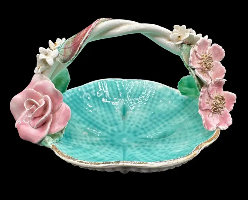 Antique Barbotine Majolica Handled Applied Flower Basket Turquoise Pink Gold