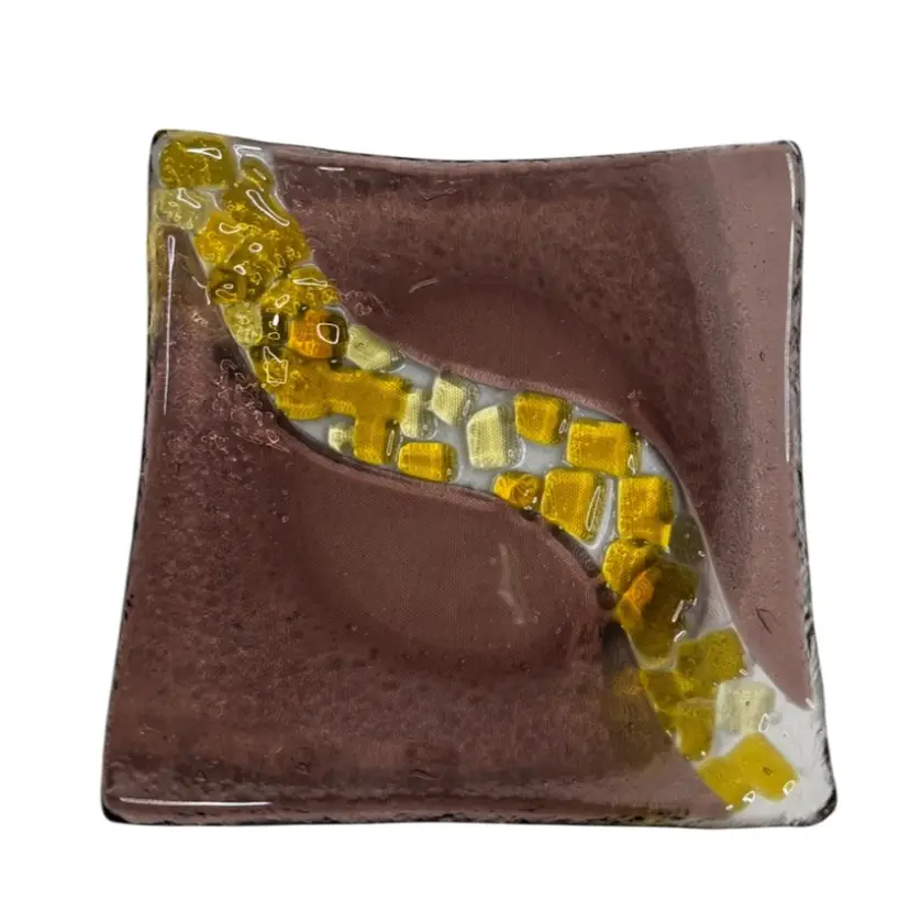 Fused Art Glass Amethyst Trinket Dish/Shelf Art With Diagonal Yellow Pebble River 
1-1/4” T x 5” W