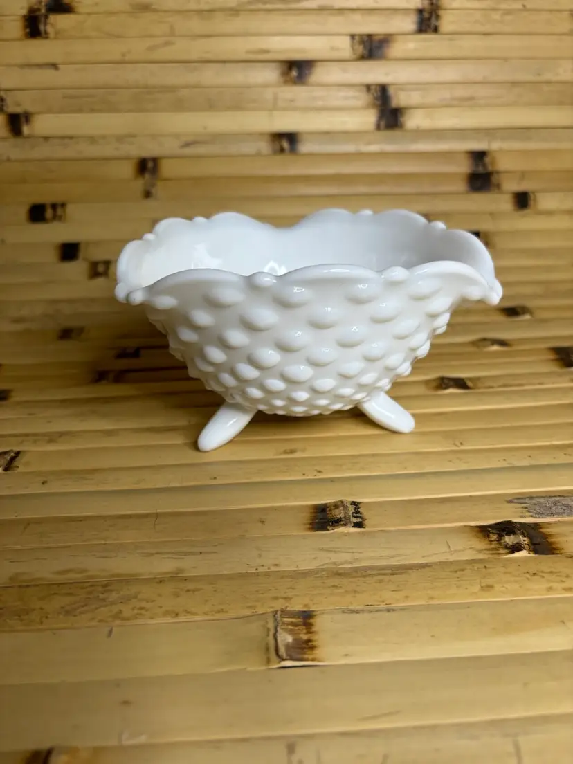 L E Smith 3 Toed Triangular Bowl Hobnail Milk Glass