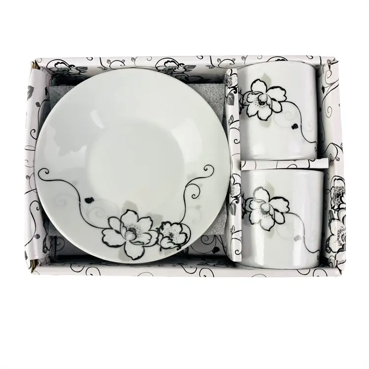 D'Lusso Espresso Set w Box 2 Cups & Saucers White Black Silver #2D55 Open Box