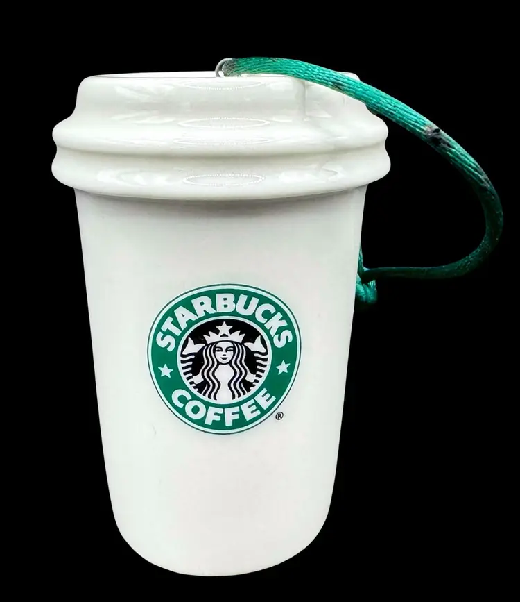 Starbucks 2011 Ceramic Christmas Ornament Paper Coffee Cup Tumbler White
