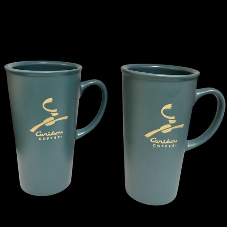 Pair of Caribou Coffee- “Love A Latte”- Tall Stoneware Mugs – Matte Teal - Tan Logo – 6.5” x 5” - Discontinued