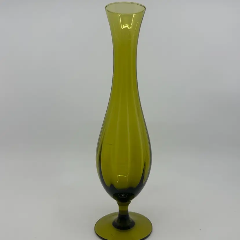 Vintage Mid Century Hand Blown Avocado Green Glass Bud Vase