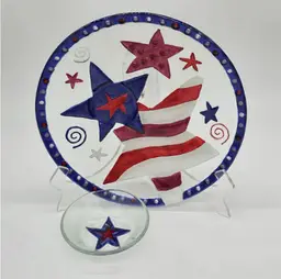 Lori Siebert Red White Blue Star 4th of July Painted Fused Glass Plate w/Bowl