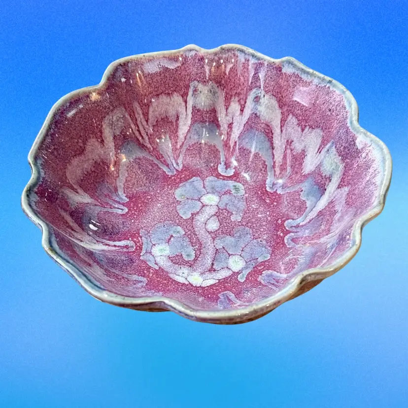 Signed Bay Pottery Virginia Studio Art Glazed Purple Blue Flower Scalloped Bowl (KK)