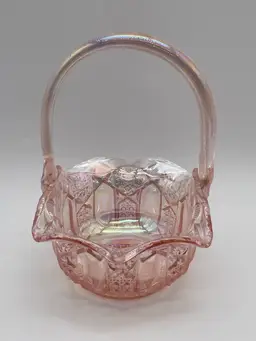 Vintage LE Smith Pink Iridescent Carnival Glass Basket